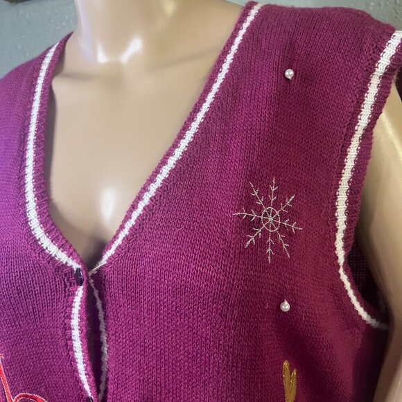 Holiday Time Plum Color Button up BAH HUM BUG Sweater Vest Lady Bugs Holiday XL - Picture 3 of 10